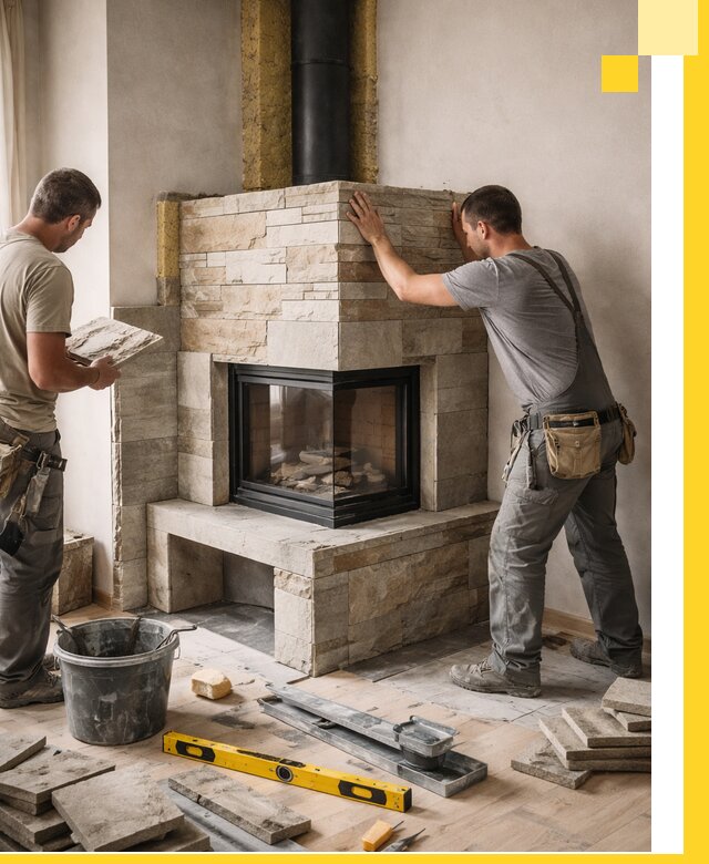 Угловые камины под ключ проект, монтаж и отделка в Гатчине