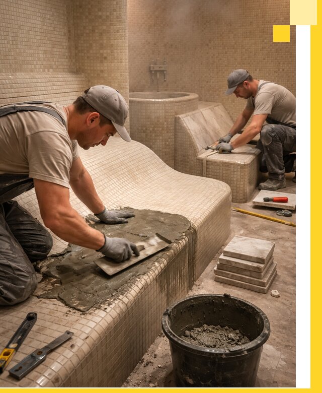 Лежаки для хамама под ключ в Гатчине, проект и монтаж