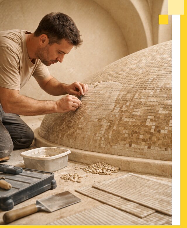 Профессиональная укладка мозаики для хамама под ключ в Гатчине